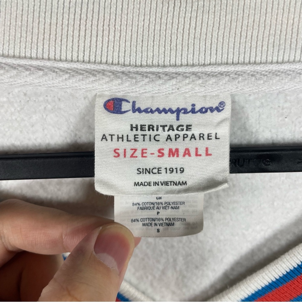 Champion Sweatshirt Heritage V-Neck Striped Trim White Small - Picture 4 of 7
